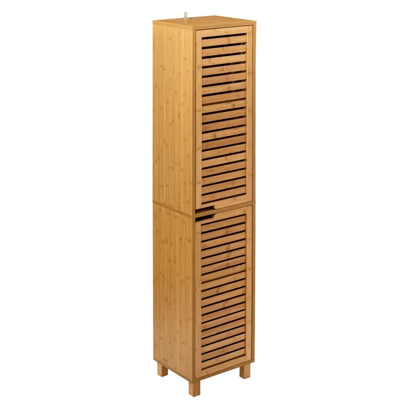 Columna de Baño con Patas Sicela en Color Marrón Estilo Natural de Bambú con 2 Puertas y Espacio de Almacenamiento Interno 33x168x28 cm