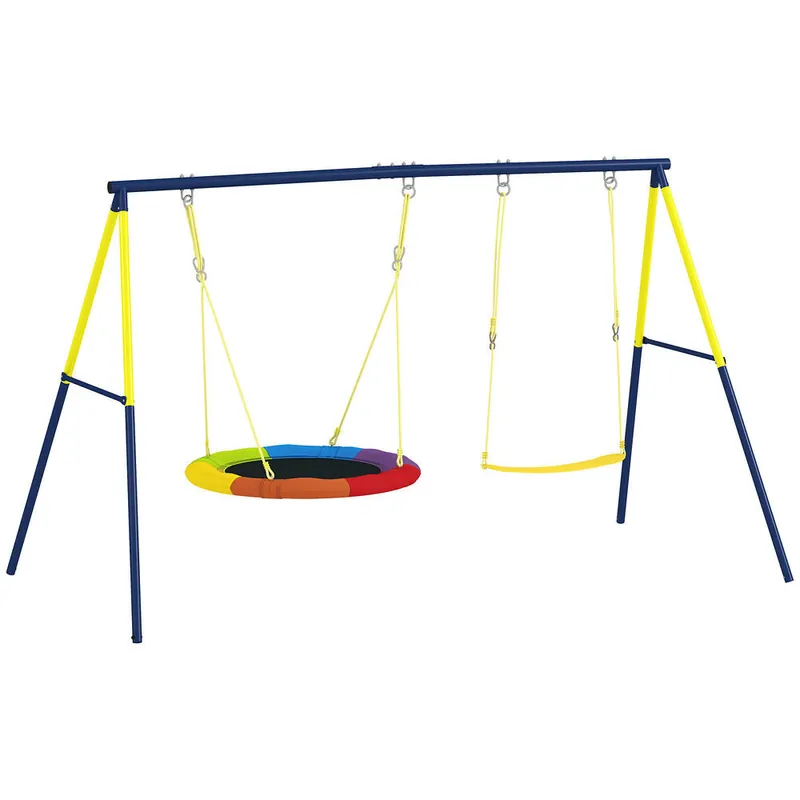AIYAPLAY Columpio para Bebés, Columpio Jardín Exterior con Cuerdas Ajustables, Soporte de Acero, Carga 150 kg, para 3 Niños de 3-8 Años, para Interior, Exterior, Multicolor